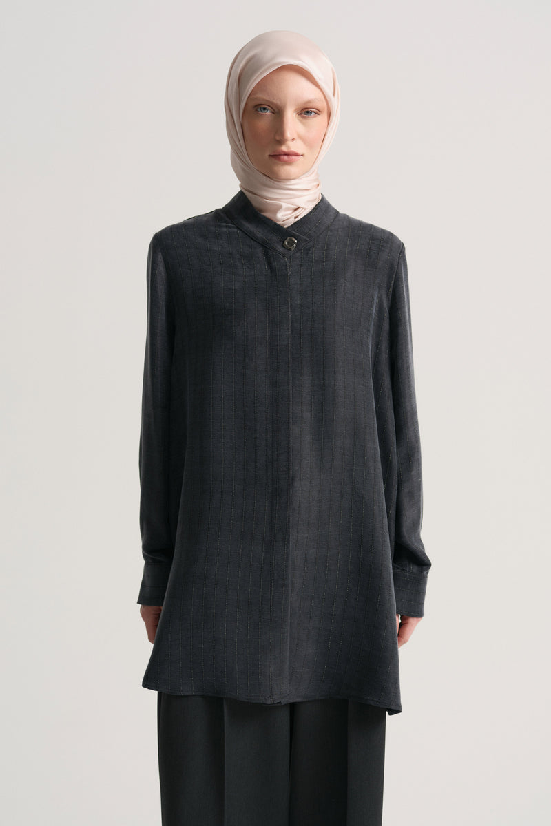 Lyocell Blend Hidden Button Tunic - Black