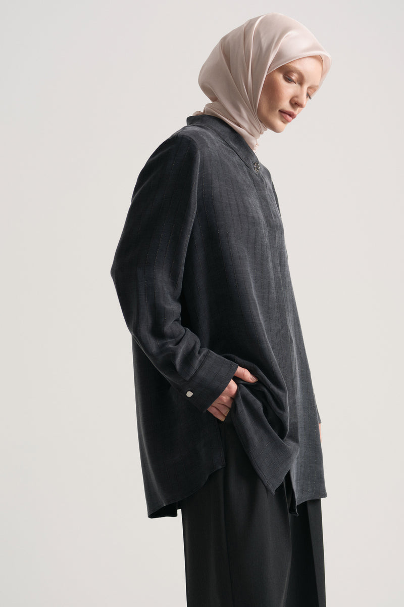 Lyocell Blend Hidden Button Tunic - Black