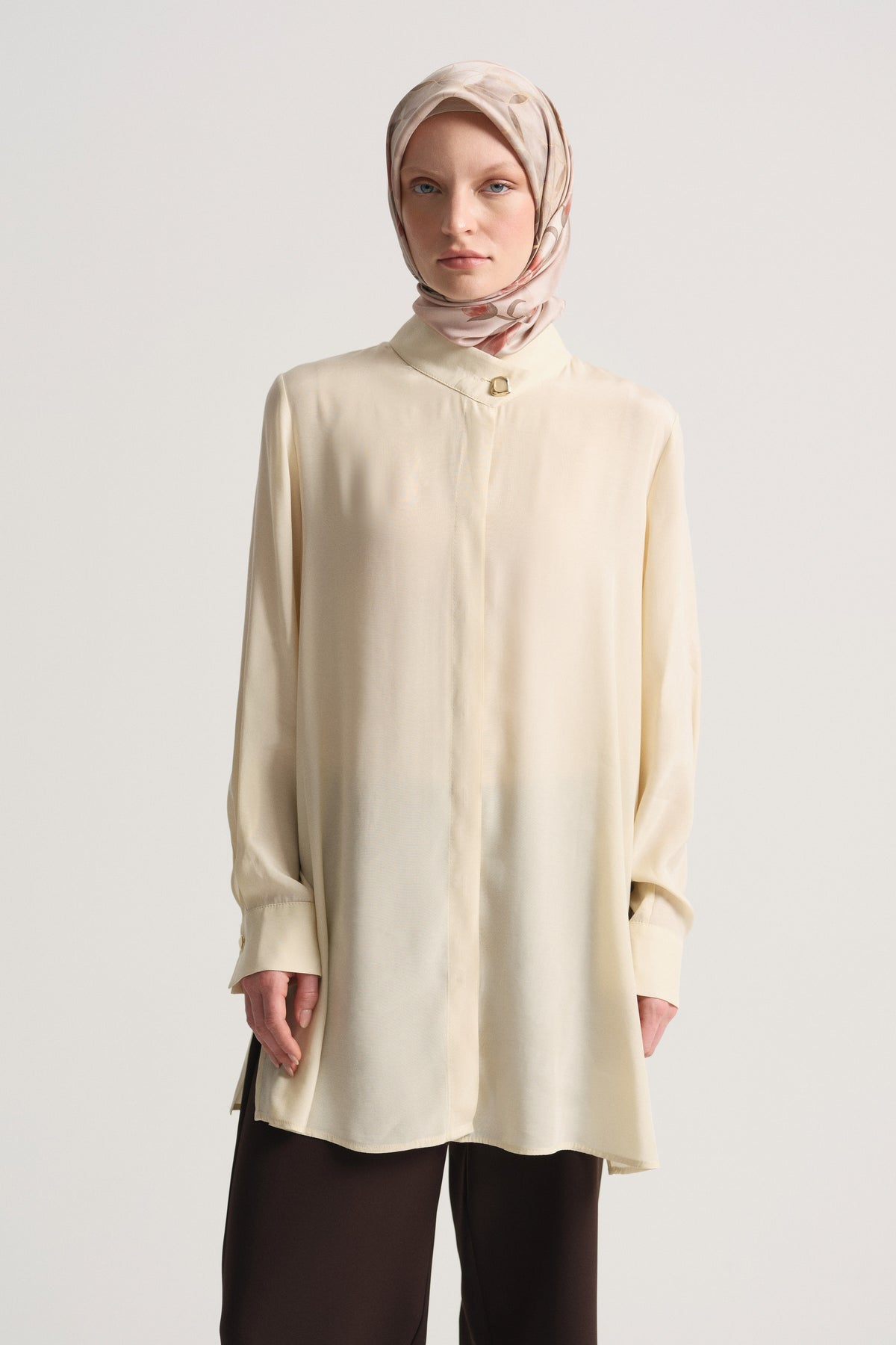 Lyocell Karışım Gizli Patlı Tunik - Ekru