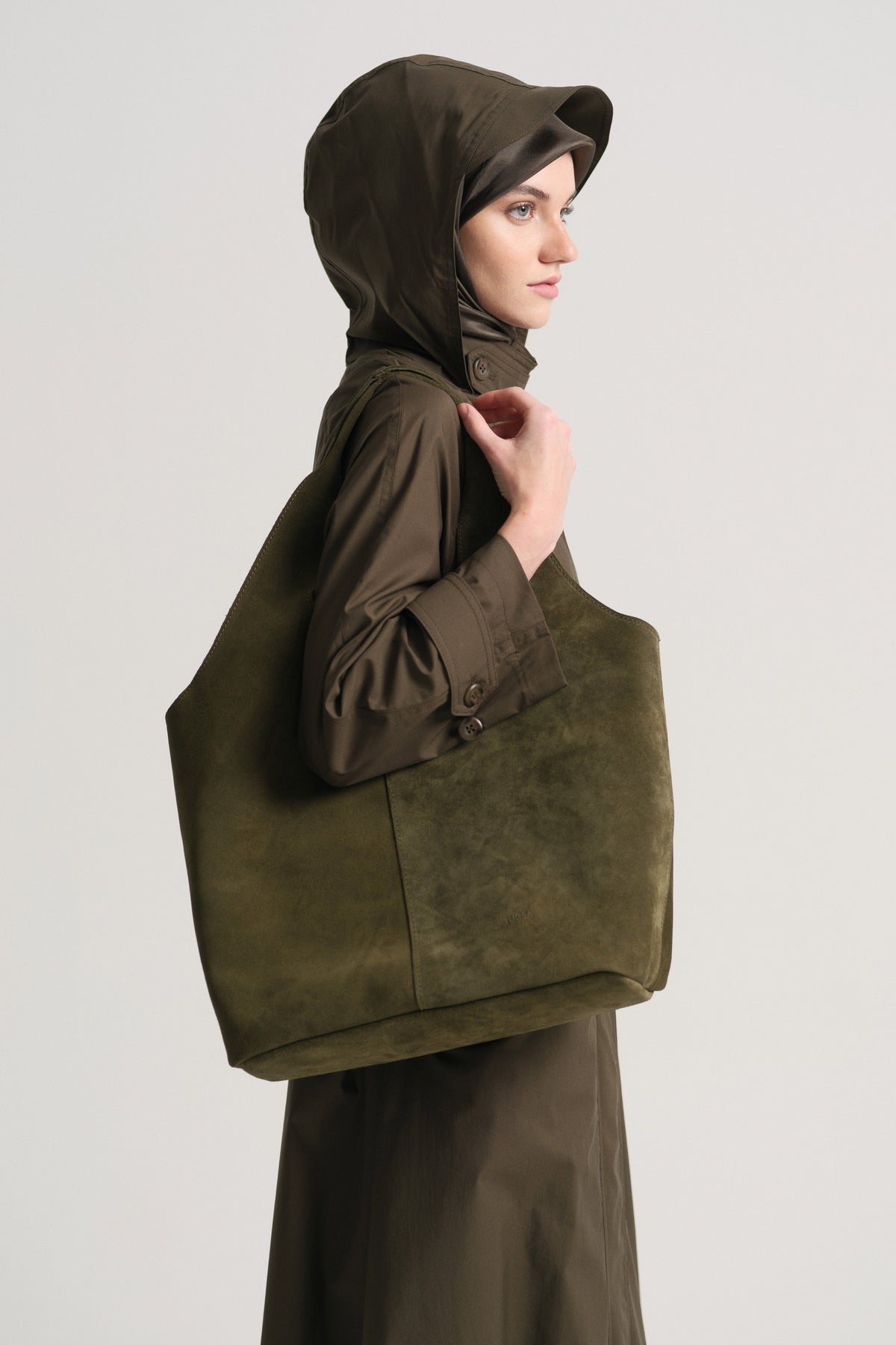 Genuine Suede Leather Tote Bag - Khaki