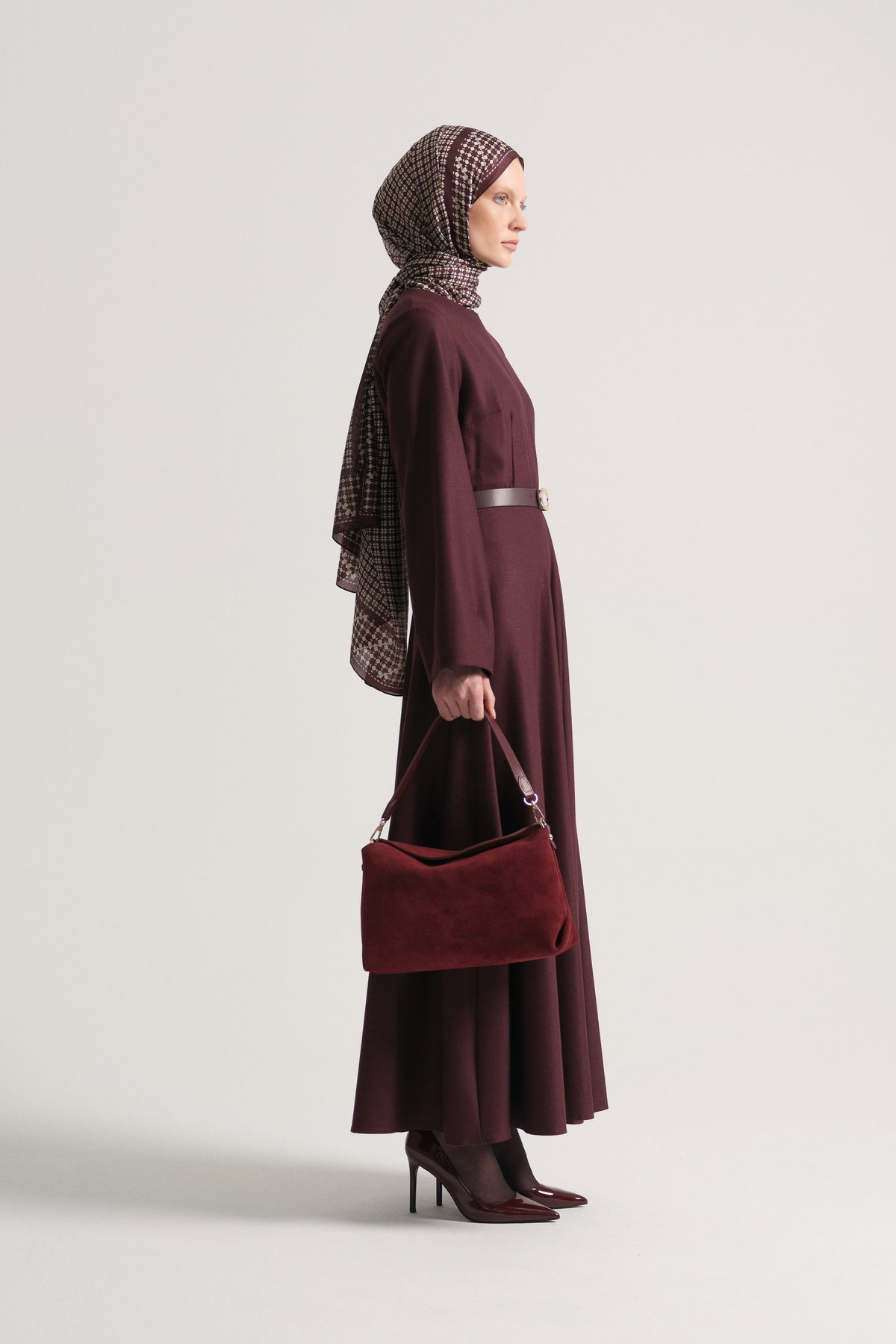 Genuine Suede Leather Shoulder Bag - Burgundy