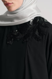 Stone-Embellished Tulle Detail Dress - Black