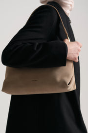 Genuine Suede Leather Shoulder Bag - Dark Beige