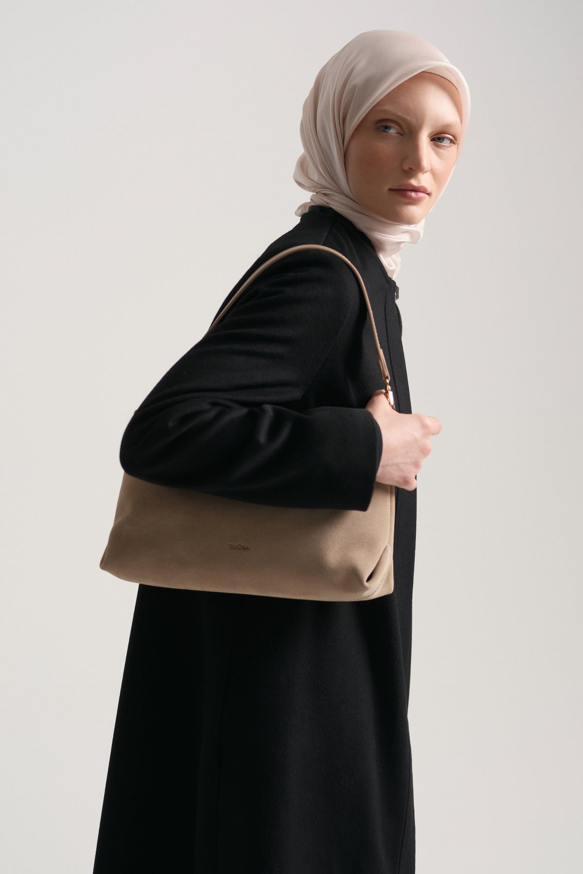 Genuine Suede Leather Shoulder Bag - Dark Beige