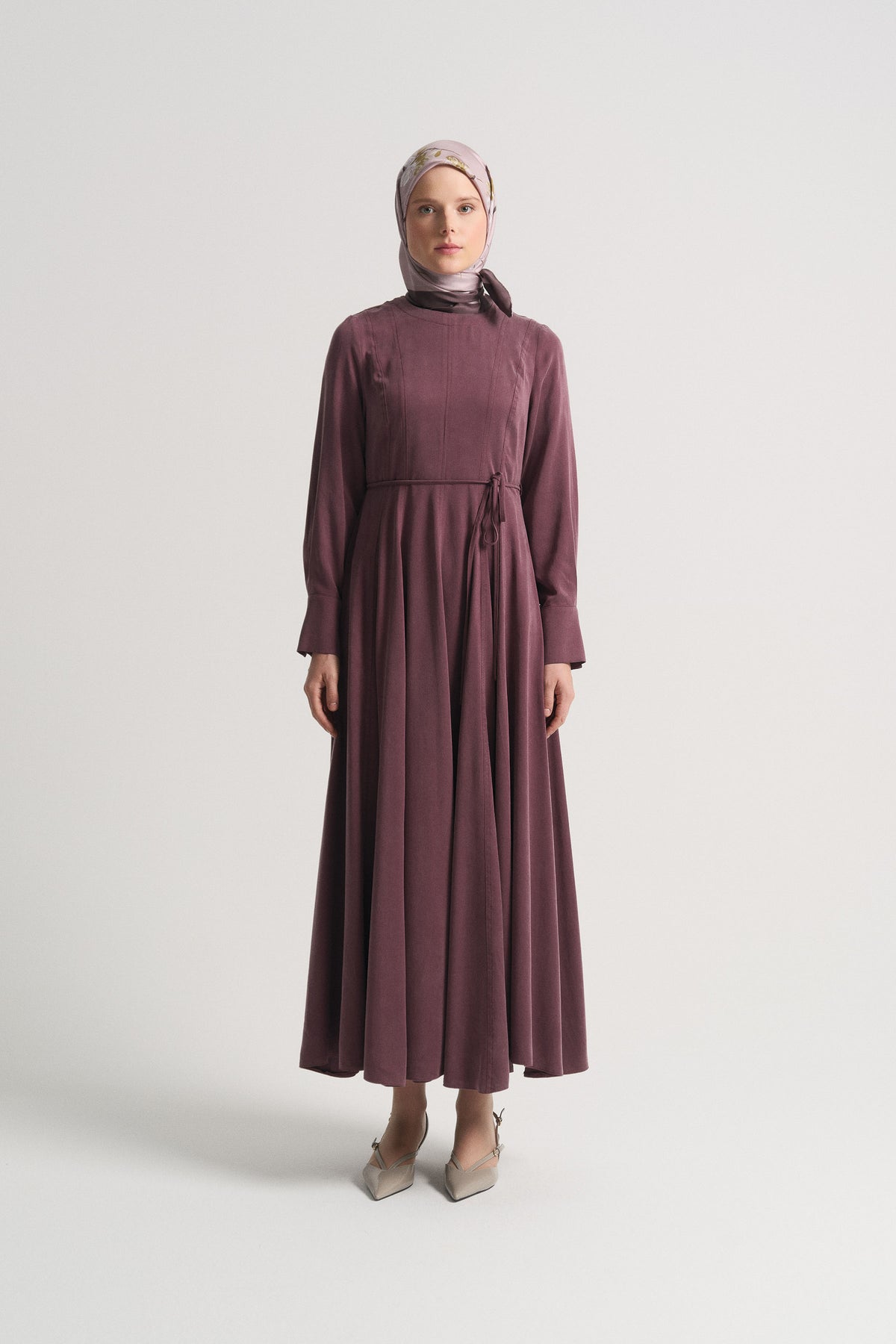 100% Lyocell Flowy Pleated Dress - Burgundy