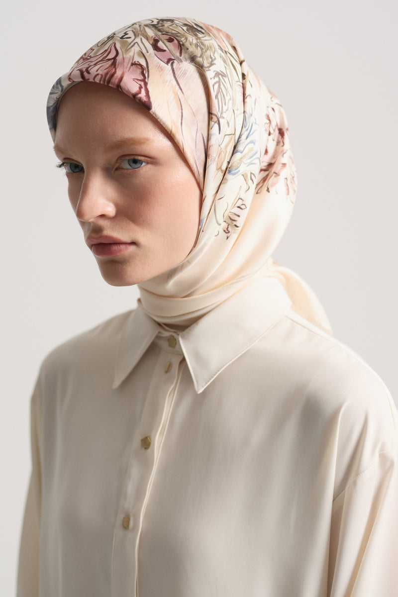 Rayiha %100 Twill İpek Eşarp - Ekru