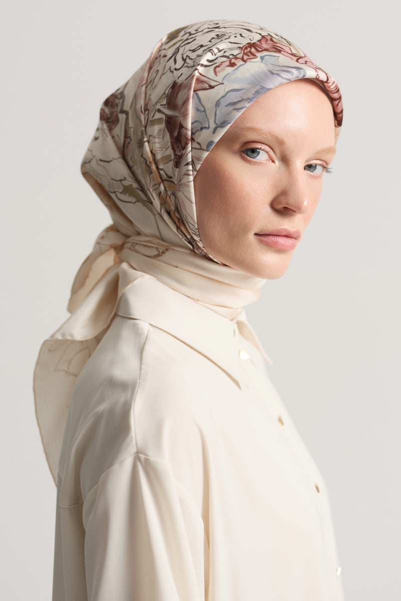 Rayiha %100 Twill İpek Eşarp - Ekru