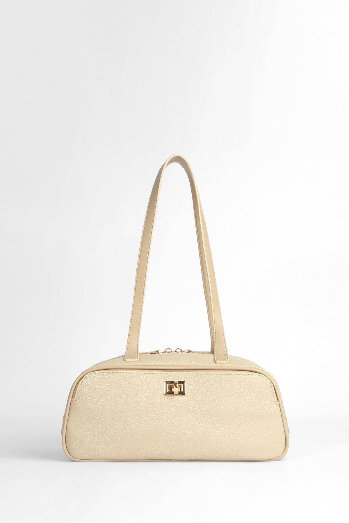 Genuine Leather Textured Shoulder Bag - Cream