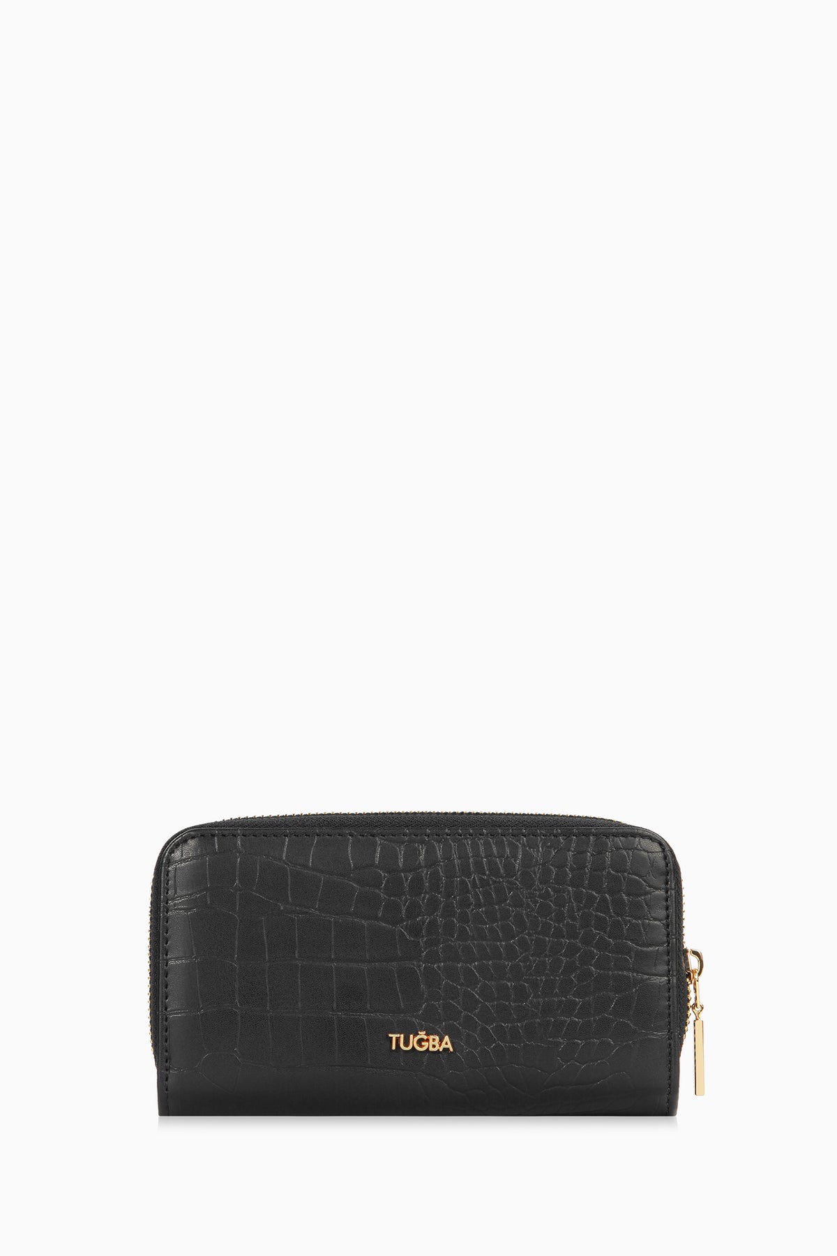 Cartera de piel de cocodrilo con cierre a presión - Negra