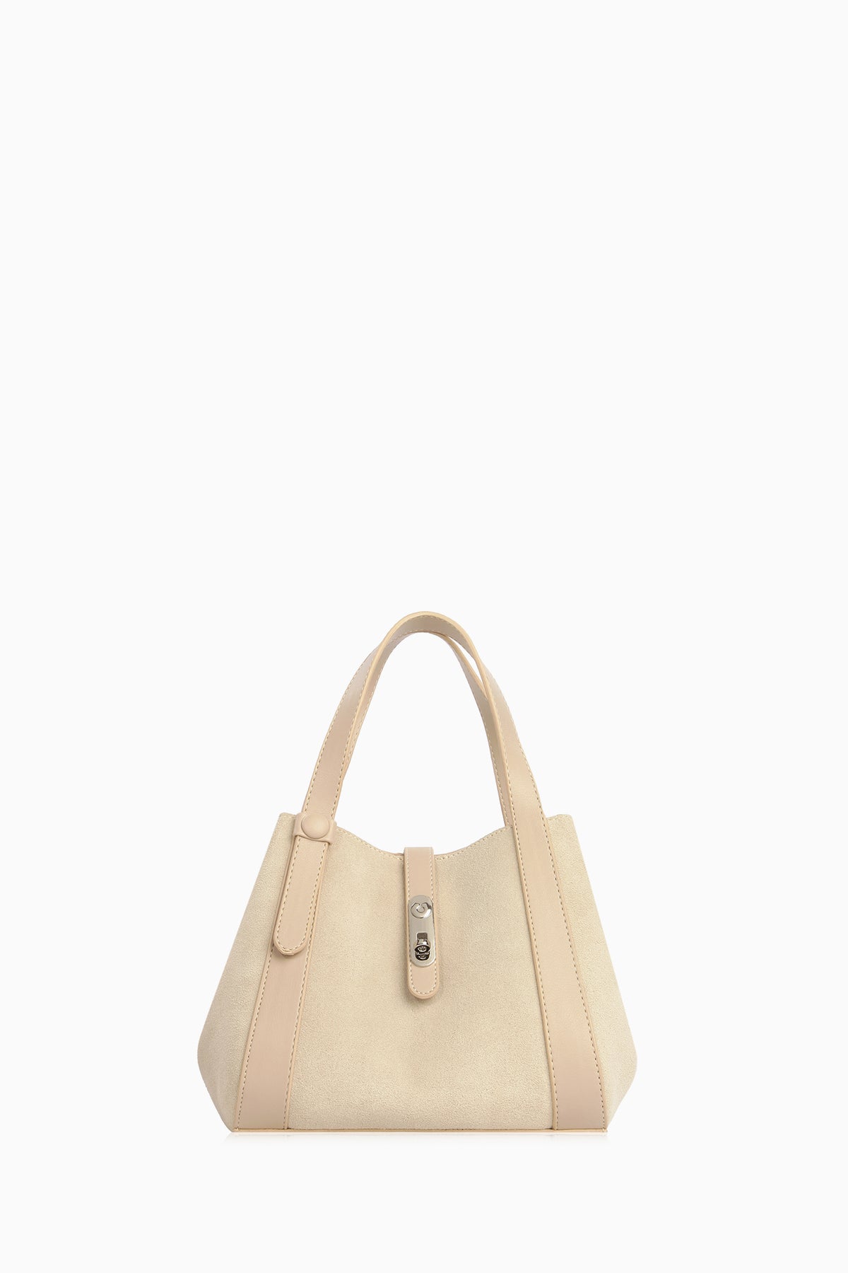 Genuine Suede Leather Handbag with Central Belt - Beige