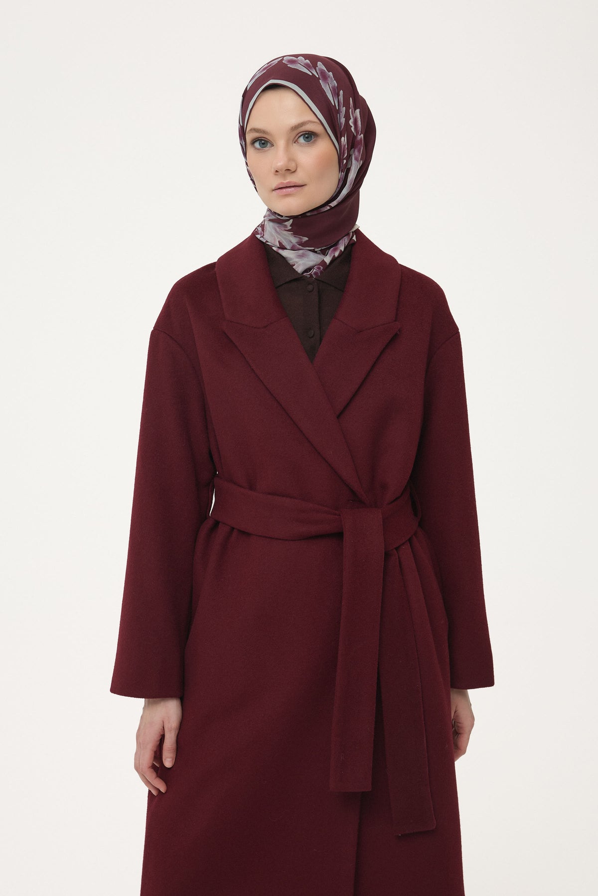 Yün Karışımlı Kuşaklı Kaban - Bordo TUGBA