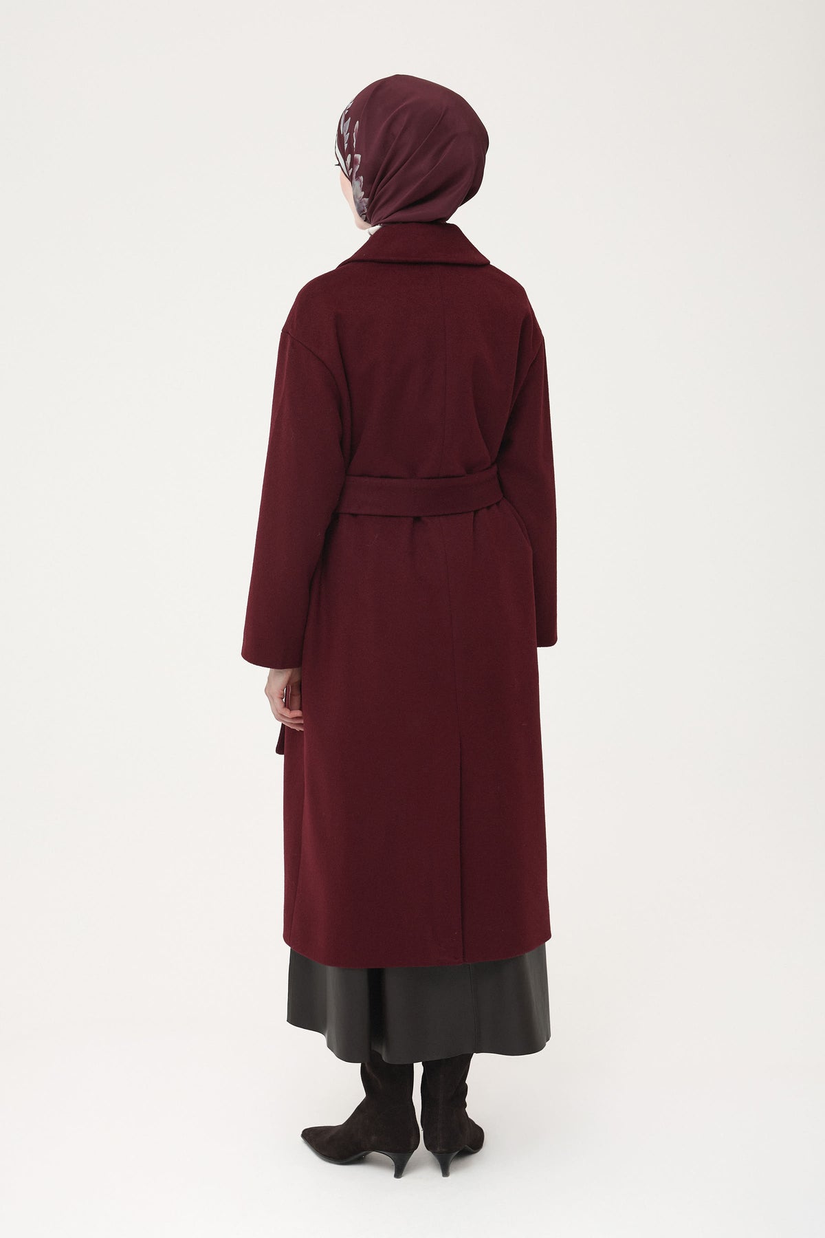 Yün Karışımlı Kuşaklı Kaban - Bordo TUGBA