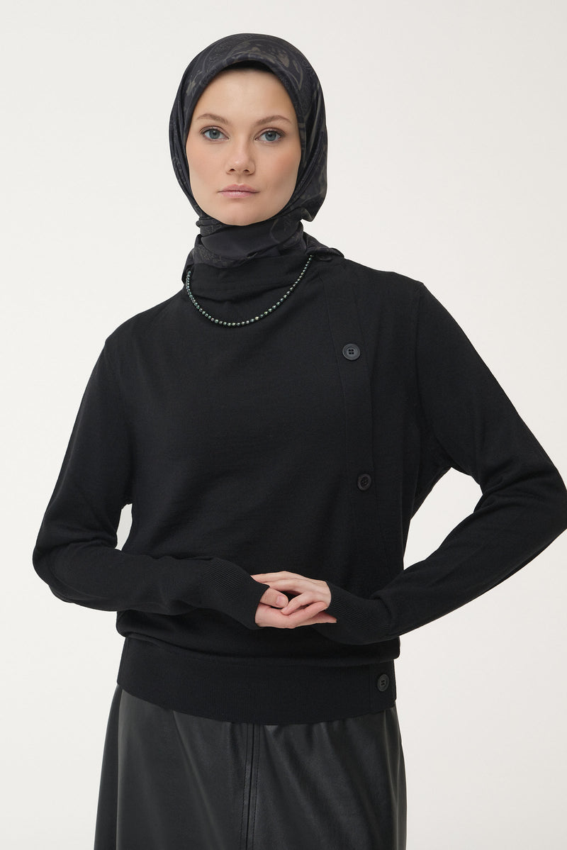 Yandan Düğmeli Kazak - Siyah TUGBA