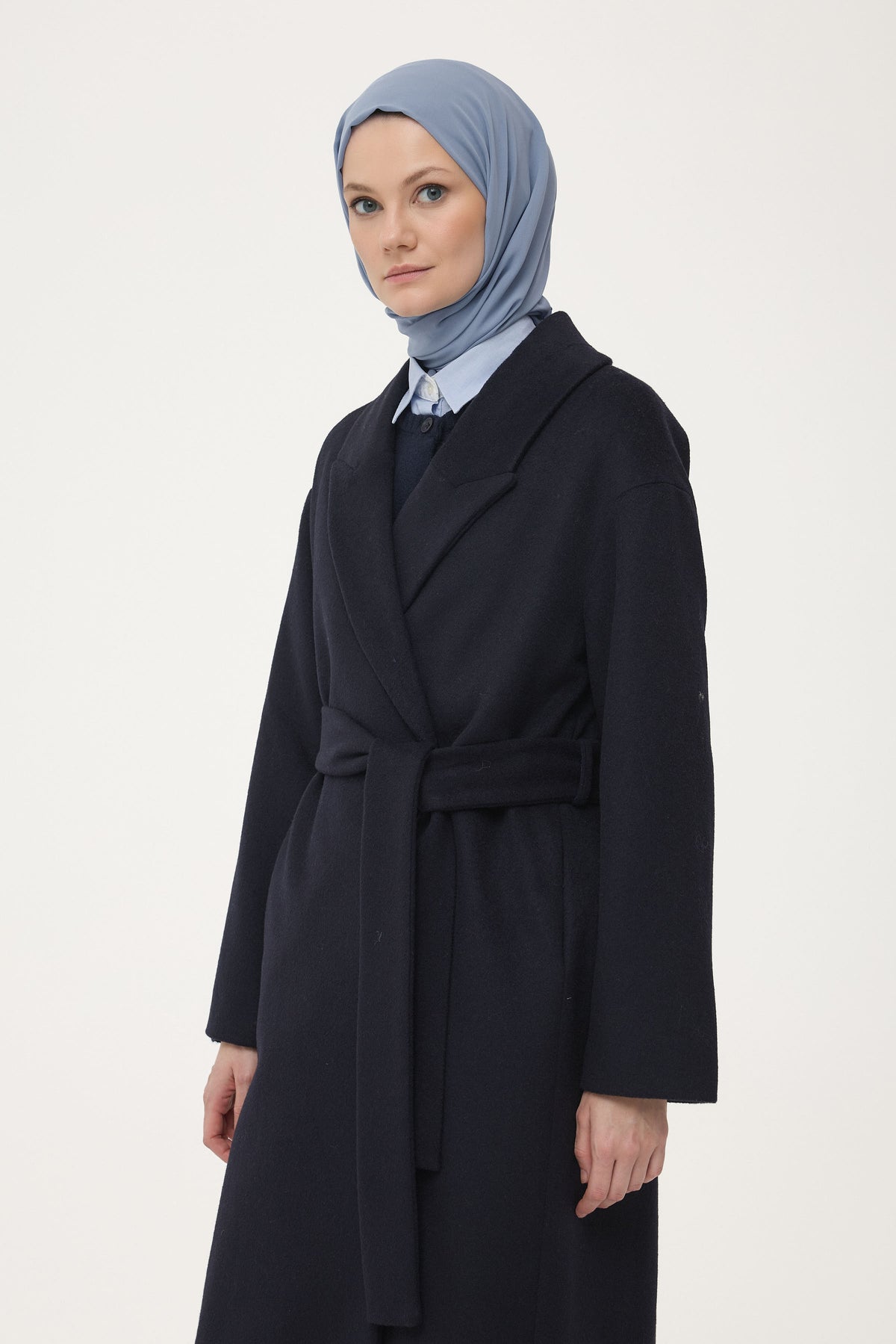 Yün Karışımlı Kuşaklı Kaban - Lacivert TUGBA