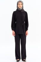 Asimetrik Kol Detaylı Tunik Takım - Siyah TUGBA