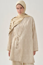 Bağlama Detaylı Çizgili Kimono - Bej TUGBA