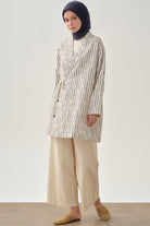 Bağlama Detaylı Çizgili Kimono - İndigo TUGBA