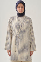 Bağlama Detaylı Çizgili Kimono - İndigo TUGBA