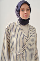 Bağlama Detaylı Çizgili Kimono - İndigo TUGBA