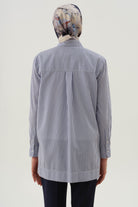 Baskı Taş Detaylı Çizgili Gömlek - İndigo TUGBA