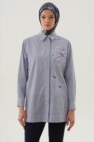 Baskı Taş Detaylı Çizgili Gömlek - İndigo TUGBA