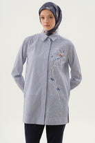 Baskı Taş Detaylı Çizgili Gömlek - İndigo TUGBA