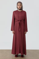Bedenden Kuşaklı Elbiseli Takım - Bordo TUGBA