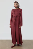 Bedenden Kuşaklı Elbiseli Takım - Bordo TUGBA