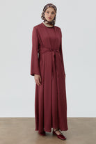 Bedenden Kuşaklı Elbiseli Takım - Bordo TUGBA