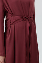 Bedenden Kuşaklı Elbiseli Takım - Bordo TUGBA