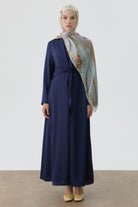 Bedenden Kuşaklı Elbiseli Takım - Lacivert TUGBA