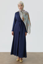 Bedenden Kuşaklı Elbiseli Takım - Lacivert TUGBA