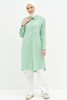 Bel Bağcıklı Çizgili Uzun Tunik - Yeşil TUGBA