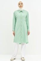 Bel Bağcıklı Çizgili Uzun Tunik - Yeşil TUGBA