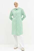 Bel Bağcıklı Çizgili Uzun Tunik - Yeşil TUGBA