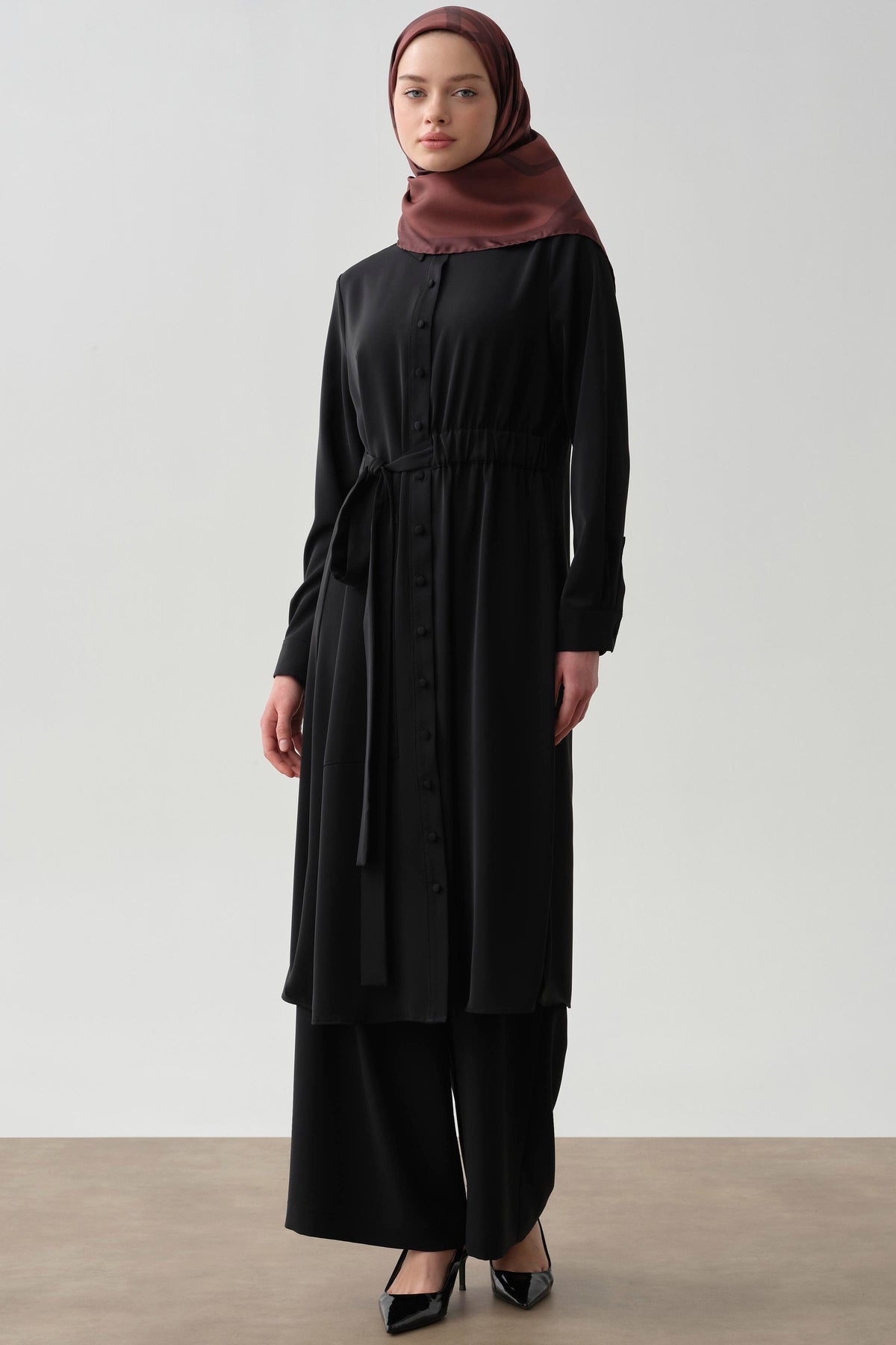 Elastic Waist Tied Tunic - Black