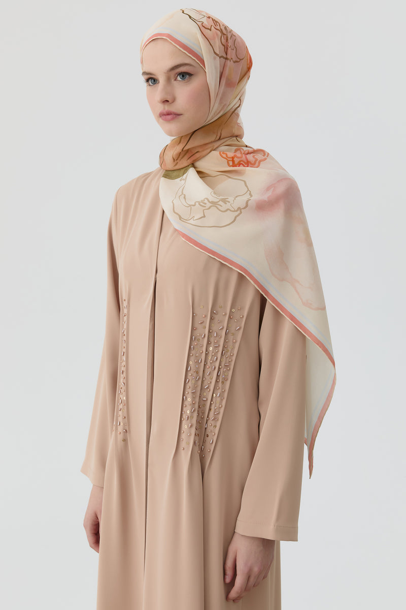 Bel Nervür İşlemeli Abaya - Bej TUGBA