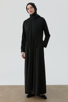 Bel Nervür İşlemeli Abaya - Siyah TUGBA