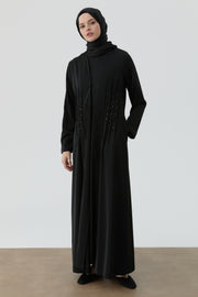 Bel Nervür İşlemeli Abaya - Siyah TUGBA