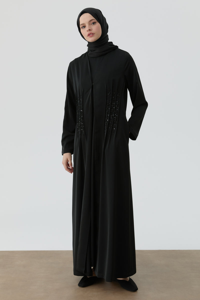 Bel Nervür İşlemeli Abaya - Siyah TUGBA