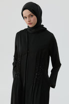 Bel Nervür İşlemeli Abaya - Siyah TUGBA
