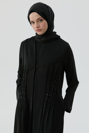 Bel Nervür İşlemeli Abaya - Siyah TUGBA