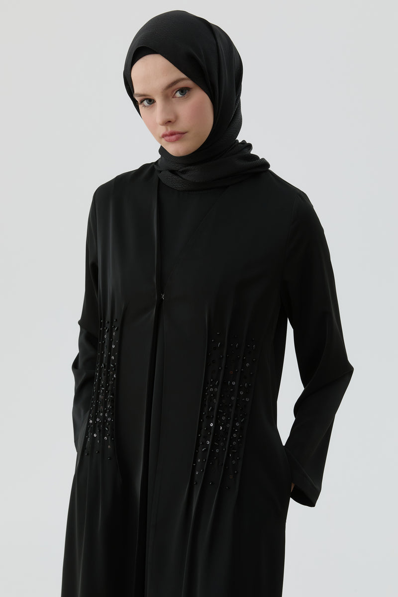 Bel Nervür İşlemeli Abaya - Siyah TUGBA