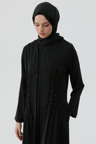Bel Nervür İşlemeli Abaya - Siyah TUGBA