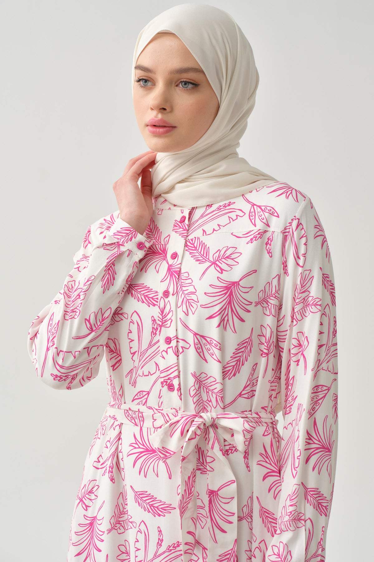 Beli Kuşaklı Desenli Elbise - Pembe TUGBA