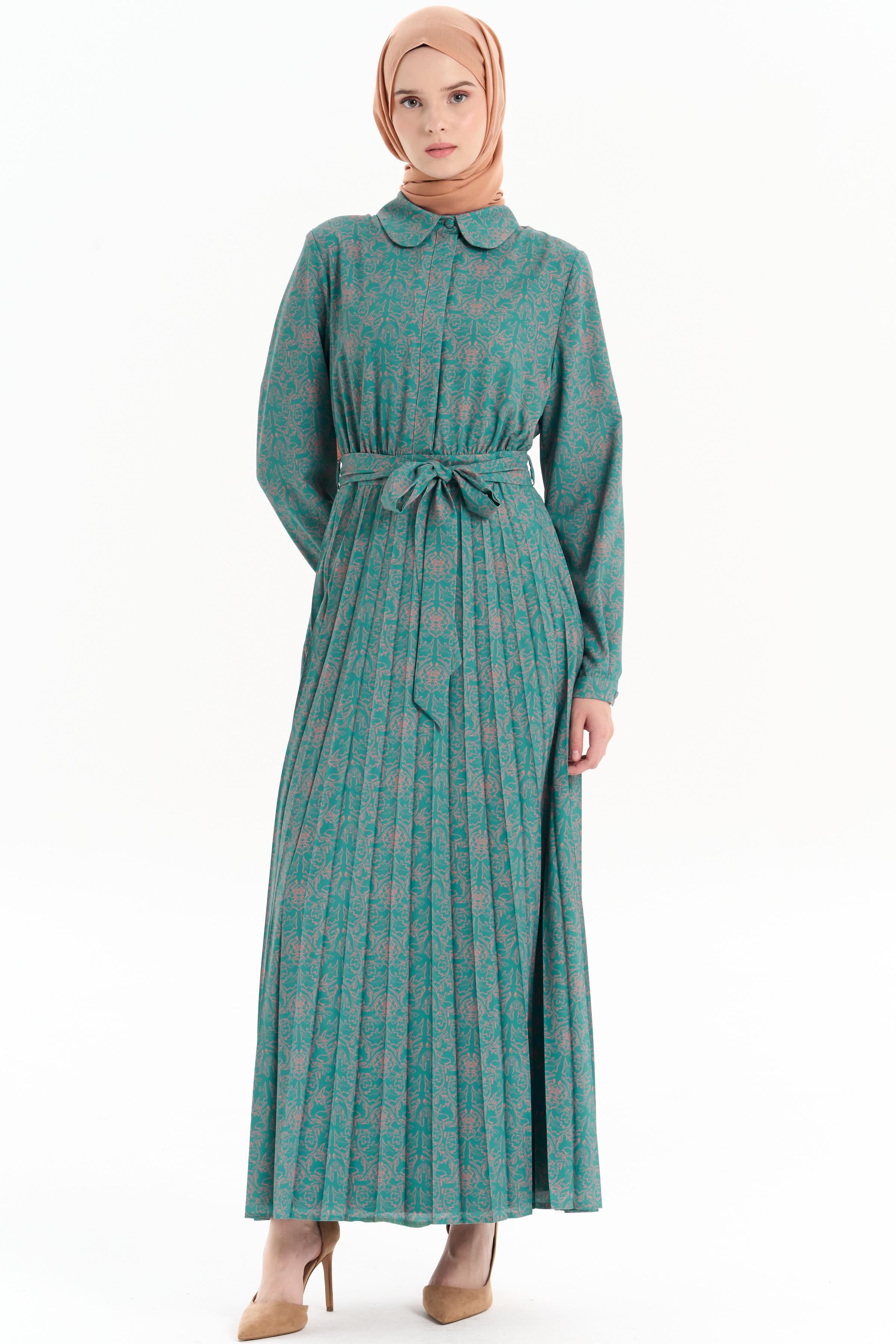 Beli Kuşaklı Desenli Elbise - Petrol TUGBA
