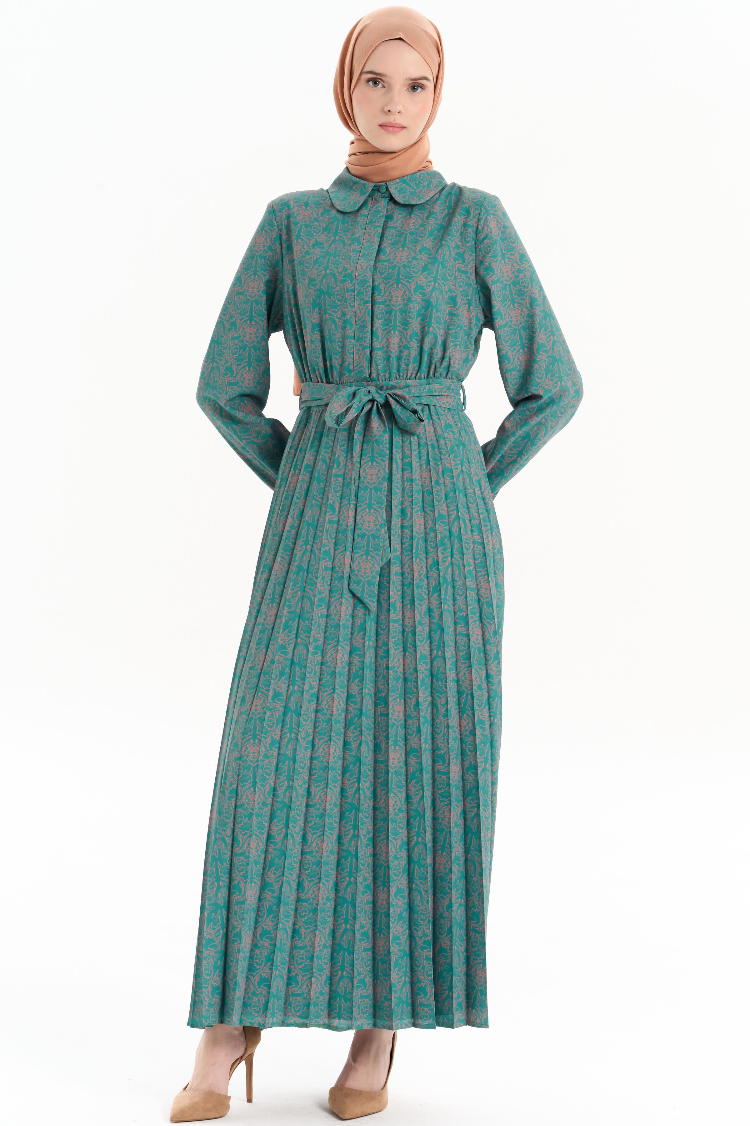 Beli Kuşaklı Desenli Elbise - Petrol TUGBA