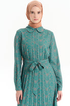 Beli Kuşaklı Desenli Elbise - Petrol TUGBA