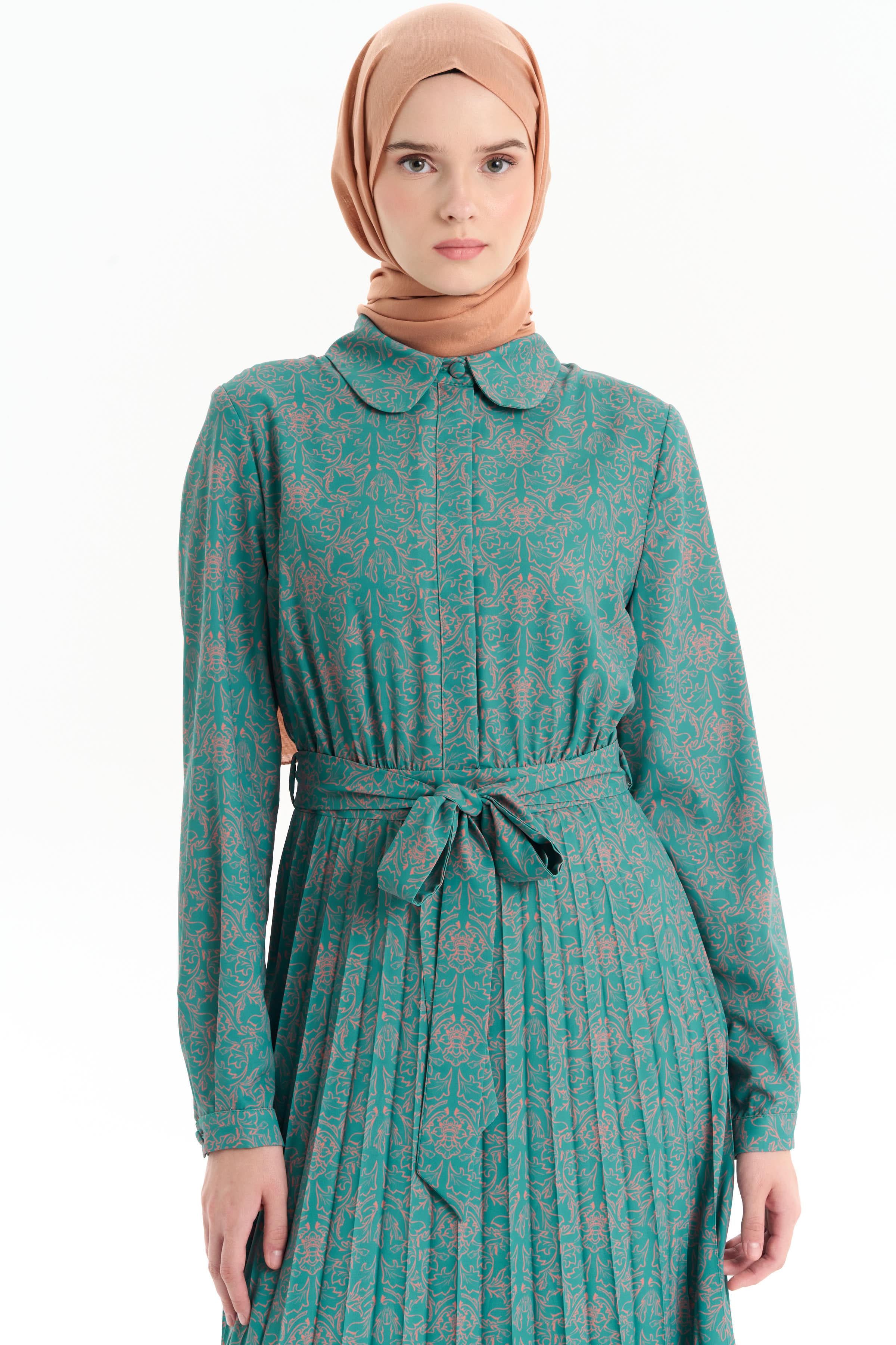 Beli Kuşaklı Desenli Elbise - Petrol TUGBA