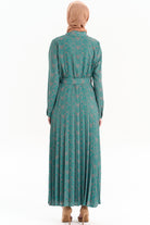 Beli Kuşaklı Desenli Elbise - Petrol TUGBA